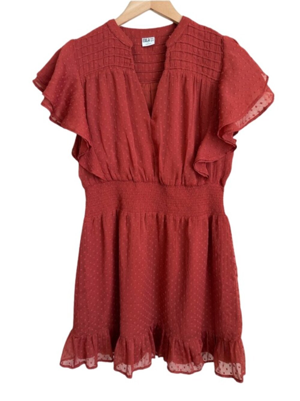 Swiss Dot Smocked Mini Dress M Rust Red Flutter Sleeve Cottagecore Boho Dress